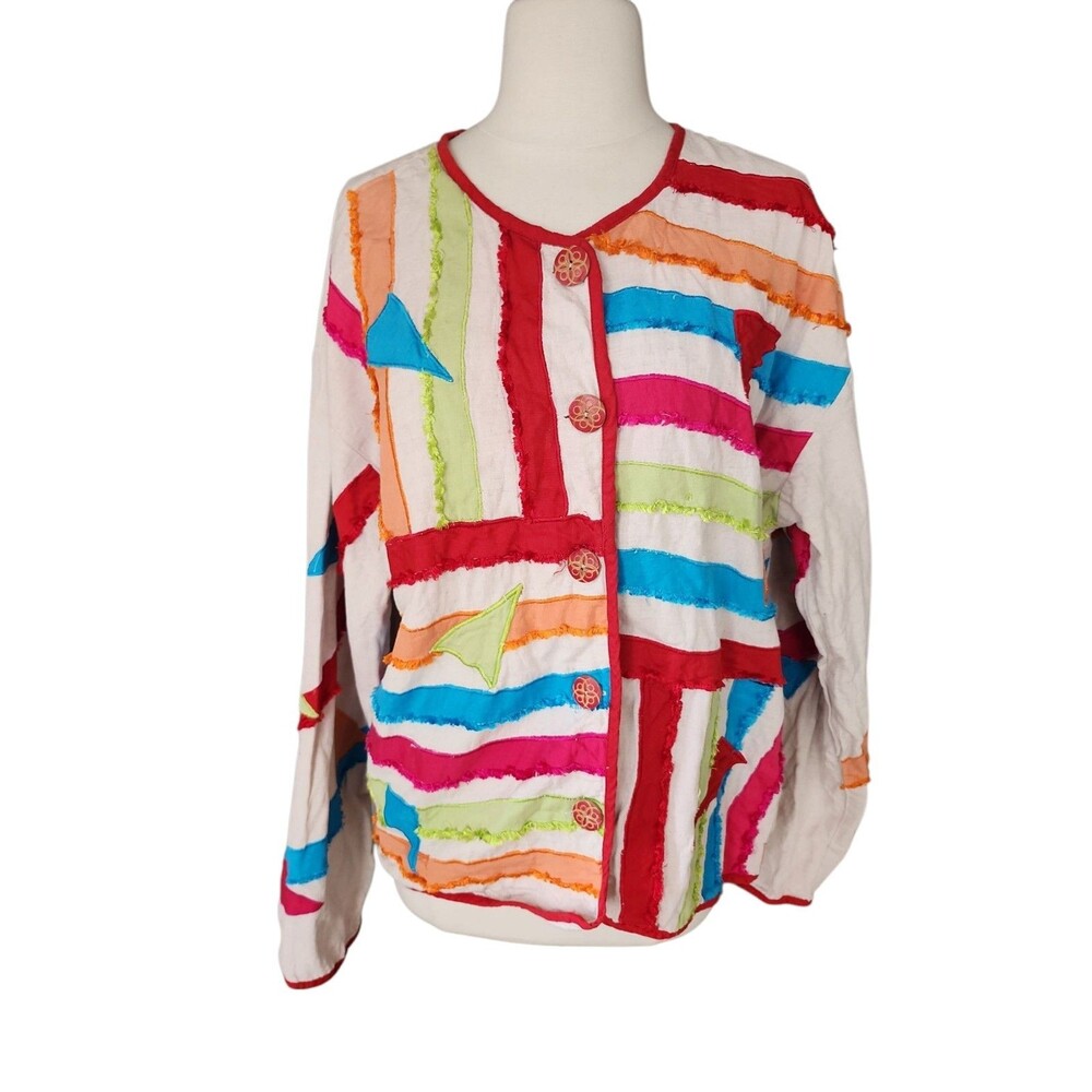 New Directions Plus Patchwork Jacket Womens 1X Linen Cotton Artsy Multicolor